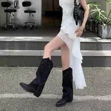 西部风情时尚气质尖头铆钉裤管 高筒靴 女款