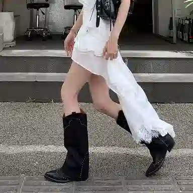 西部风情时尚气质尖头铆钉裤管 高筒靴 女款