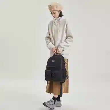 波斯丹顿 潮简约旅行休闲大学生通勤电脑 织物 书包双肩包 中号 男女同款情侣款 米黄/黑色