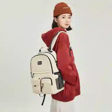 波斯丹顿 潮简约旅行休闲大学生通勤电脑 织物 书包双肩包 中号 男女同款情侣款 米黄/黑色