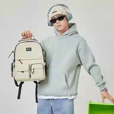 波斯丹顿 潮简约旅行休闲大学生通勤电脑 织物 书包双肩包 中号 男女同款情侣款 米黄/黑色