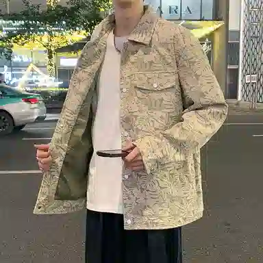 悍戈 美式日系复古风满印大码透气休闲翻领外套夹克 男女同款