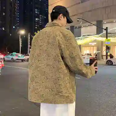 悍戈 美式日系复古风满印大码透气休闲翻领外套夹克 男女同款