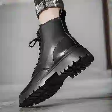 敦奴 牛皮革 高颜值百搭 户外工装靴 简约时尚 百搭潮流 舒适 厚底圆头 短筒 马丁靴  男女同款 黑色