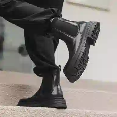 敦奴 头层牛皮 英伦复古 厚底显瘦 小个子通勤简约 短筒 切尔西靴 男款 黑色