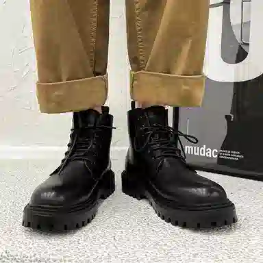 敦奴 头层牛皮 英伦复古 厚底 显瘦百搭 短靴 男款 黑色