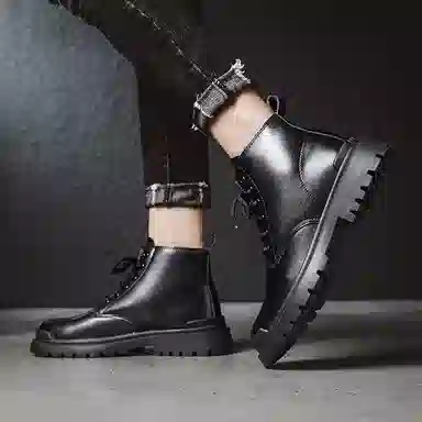 敦奴 牛皮革 高颜值百搭 户外工装靴 简约时尚 百搭潮流 舒适 厚底圆头 短筒 马丁靴  男女同款 黑色