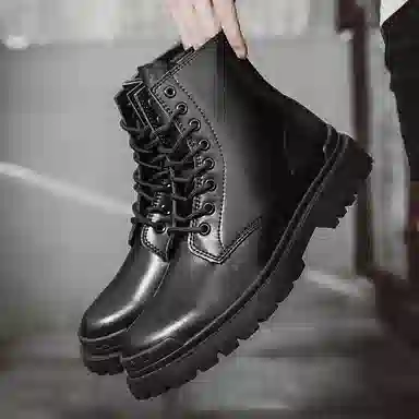 敦奴 牛皮革 高颜值百搭 户外工装靴 简约时尚 百搭潮流 舒适 厚底圆头 短筒 马丁靴  男女同款 黑色