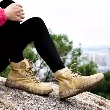 敦奴 牛皮革 沙漠登山休闲 短筒 户外靴 男女同款 卡其
