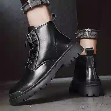 敦奴 牛皮革 高颜值百搭 户外工装靴 简约时尚 百搭潮流 舒适 厚底圆头 短筒 马丁靴  男女同款 黑色