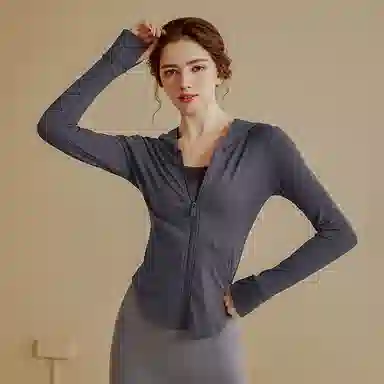 达兹 纯色拉链连帽长袖健身衣 女款