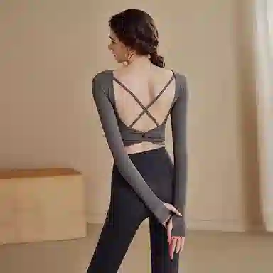 达兹 纯色圆领背部镂空美瑜伽长袖跑步普拉提健身衣 女款