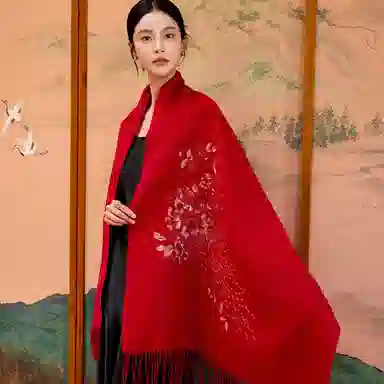 上海故事 琉光织梦加厚保暖金线加烫钻刺绣工艺双面水波纹细绒高贵质感 披肩 女款