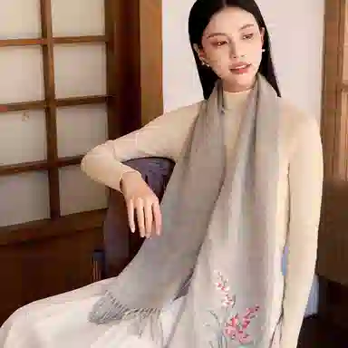 上海故事 静逸幽兰刺绣烫钻保暖舒适新中式 绵羊毛 绒线围巾 女款