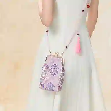 上海故事 宋锦新中式国风搭配旗袍口金复古 桑蚕丝 手机包 小号 女款 桃粉色 天空蓝