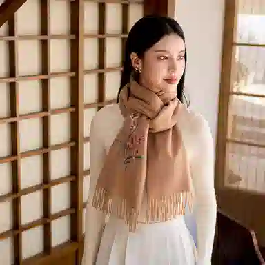 上海故事 静逸幽兰刺绣烫钻保暖舒适新中式 绵羊毛 绒线围巾 女款