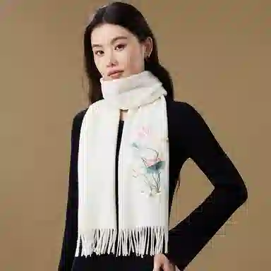 上海故事 锦绣荷韵精美刺绣加厚保暖柔软不扎 绵羊毛 绒线围巾 女款