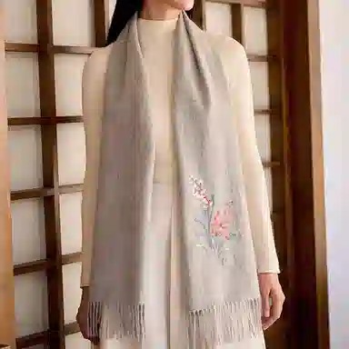 上海故事 静逸幽兰刺绣烫钻保暖舒适新中式 绵羊毛 绒线围巾 女款