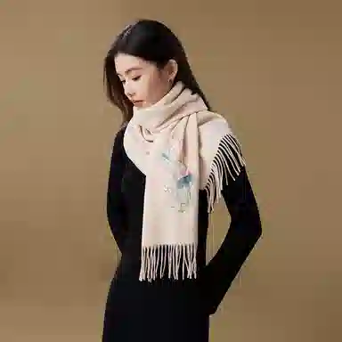 上海故事 锦绣荷韵精美刺绣加厚保暖柔软不扎 绵羊毛 绒线围巾 女款