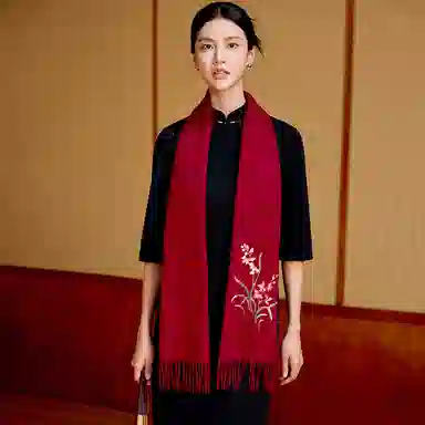 上海故事 静逸幽兰刺绣烫钻保暖舒适新中式 绵羊毛 绒线围巾 女款