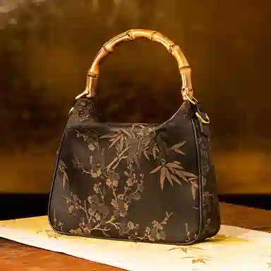 上海故事 香云纱新中式竹节 桑蚕丝拼粘胶纤维 手提包 中号 女款 经典黑