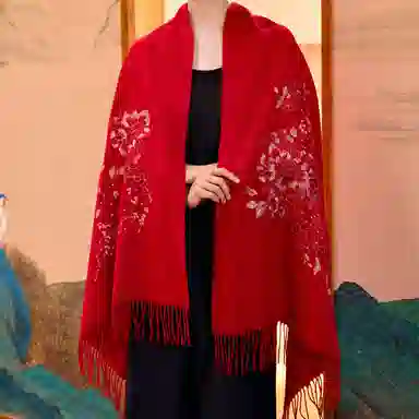 上海故事 琉光织梦加厚保暖金线加烫钻刺绣工艺双面水波纹细绒高贵质感 披肩 女款