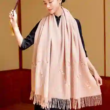 上海故事 桃香雅韵点绣刺绣工艺双面水波纹细绒高贵质感亲肤保暖礼盒包装 绵羊毛 披肩 女款 多色