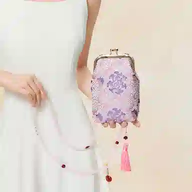 上海故事 宋锦新中式国风搭配旗袍口金复古 桑蚕丝 手机包 小号 女款 桃粉色 天空蓝