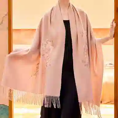 上海故事 琉光织梦加厚保暖金线加烫钻刺绣工艺双面水波纹细绒高贵质感 披肩 女款