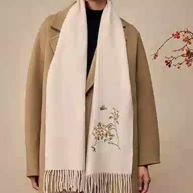 上海故事 秋冬福来系列绵羊毛加厚刺绣工艺流苏设计细腻柔软保暖礼盒包装 绒线围巾 女款