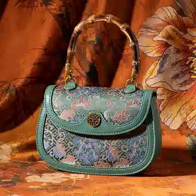 上海故事 新中式国风竹节包真丝百搭 牛皮 手提包 常规 女款 绿色