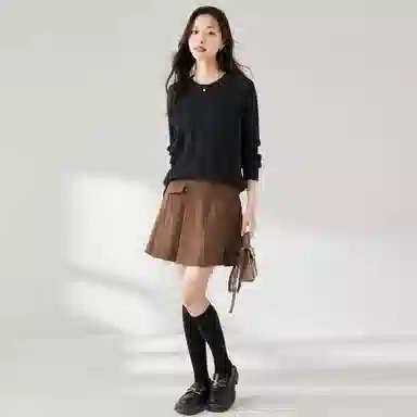 麓蔓蒂 纯色圆领提花长袖针织衫 女款