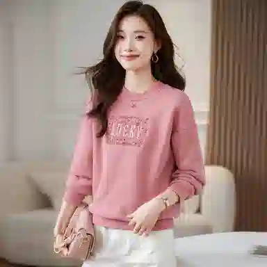 麓蔓蒂 圆领宽松纯色绣花卫衣 女款