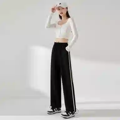 麓蔓蒂 条纹运动松紧阔腿休闲裤 女款 黑色