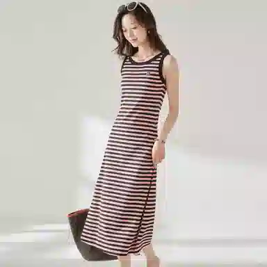 麓蔓蒂 条纹针织中长款背心吊带无袖连衣裙 女款