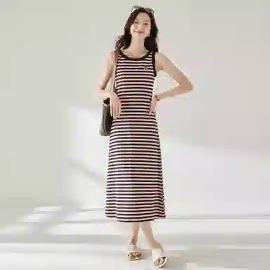 麓蔓蒂 条纹针织中长款背心吊带无袖连衣裙 女款