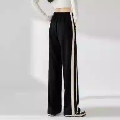 麓蔓蒂 条纹运动松紧阔腿休闲裤 女款 黑色