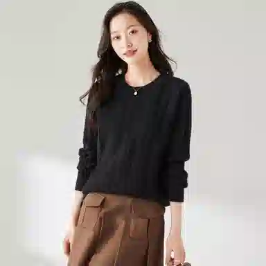 麓蔓蒂 纯色圆领提花长袖针织衫 女款