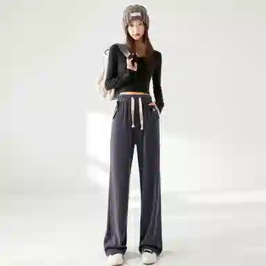 麓蔓蒂 运动松紧抽绳阔腿休闲裤 女款 黑色