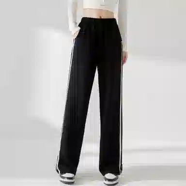 麓蔓蒂 条纹运动松紧阔腿休闲裤 女款 黑色