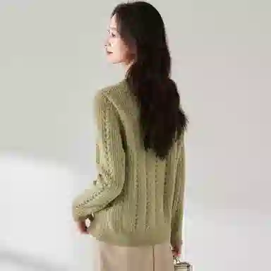 麓蔓蒂 纯色圆领提花长袖针织衫 女款