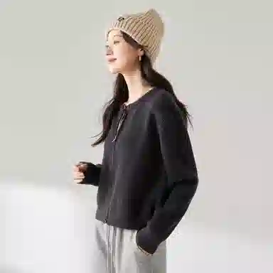 麓蔓蒂 拉链纯色短款长袖针织衫 女款