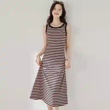 麓蔓蒂 条纹针织中长款背心吊带无袖连衣裙 女款