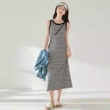 麓蔓蒂 条纹针织中长款背心吊带无袖连衣裙 女款