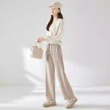 麓蔓蒂 纯色高腰抽绳直筒休闲裤 女款