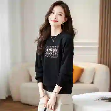 麓蔓蒂 圆领宽松纯色绣花卫衣 女款