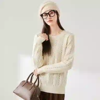 麓蔓蒂 纯色圆领提花长袖针织衫 女款
