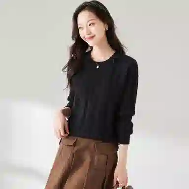 麓蔓蒂 纯色圆领提花长袖针织衫 女款