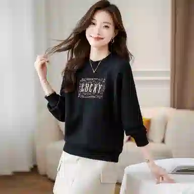 麓蔓蒂 圆领宽松纯色绣花卫衣 女款