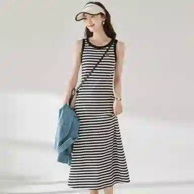 麓蔓蒂 条纹针织中长款背心吊带无袖连衣裙 女款